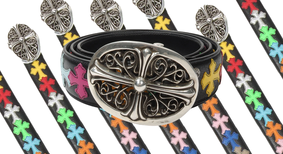 CHROME HEARTS Oval Cross Buckle Multicolor Cross Patches Leather Belt