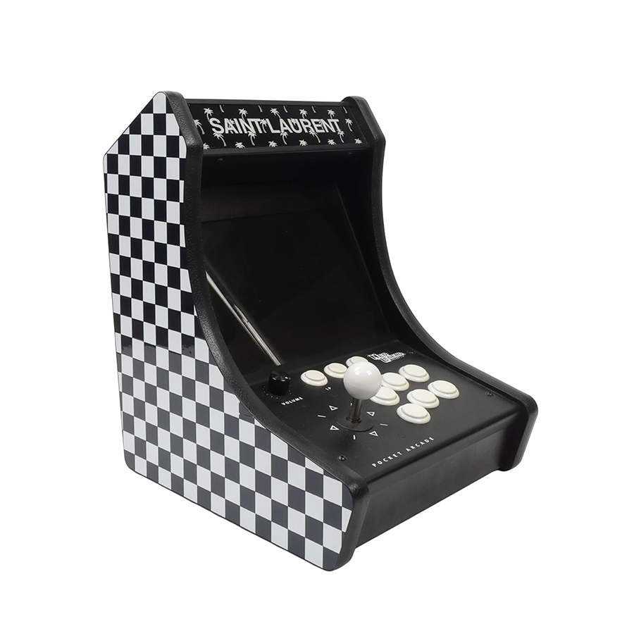 Saint Laurent Neo Legend Retro Arcade Machine with Palm Trees and a Checkered Pattern