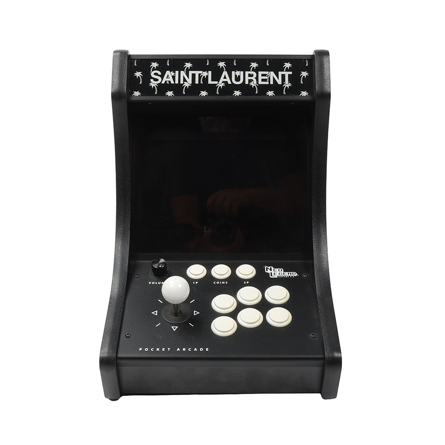 Saint Laurent Neo Legend Retro Arcade Machine with Palm Trees and a Checkered Pattern