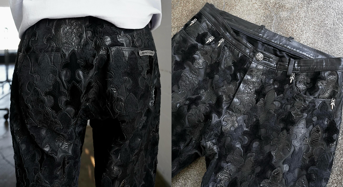 CHROME HEARTS Fleur Leather Pants with over 300 patches of mixed materials