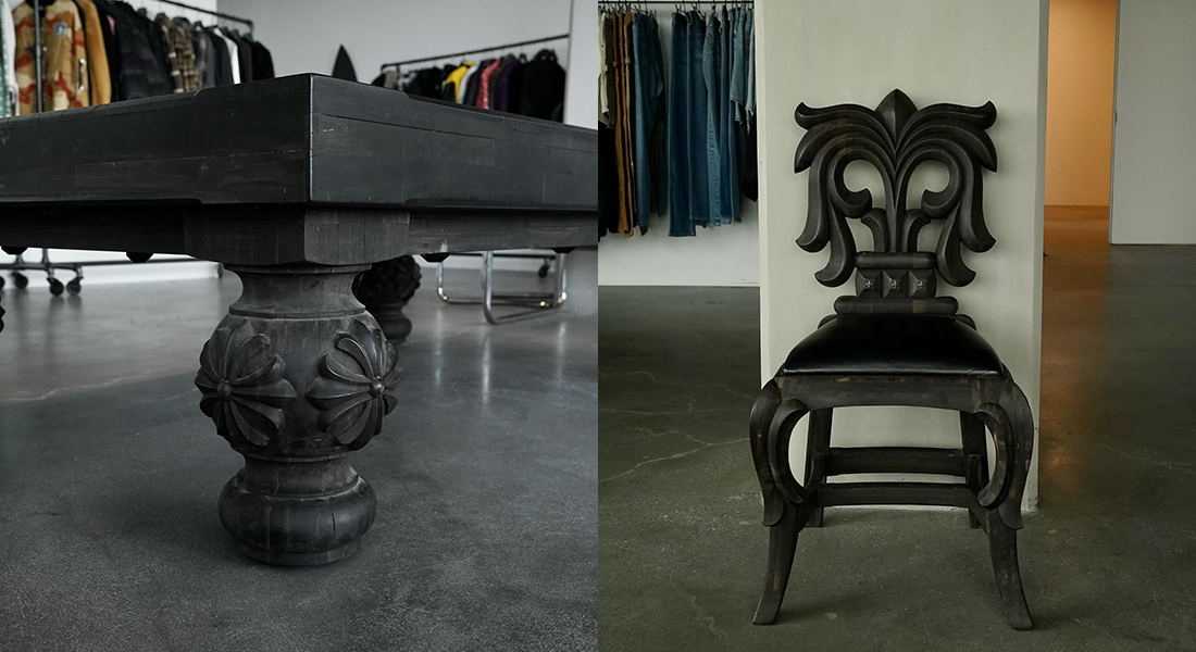 CHROME HEARTS Ebony Wood CH Cross Coffee Table and Ebony Wood Filigree Dining Room Chair