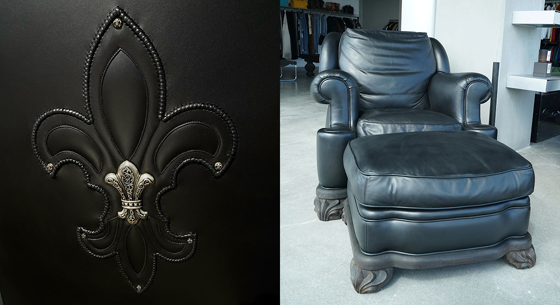 CHROME HEARTS Pair of Leather Fleur De Lis Lounge Chairs & Ottomans Set