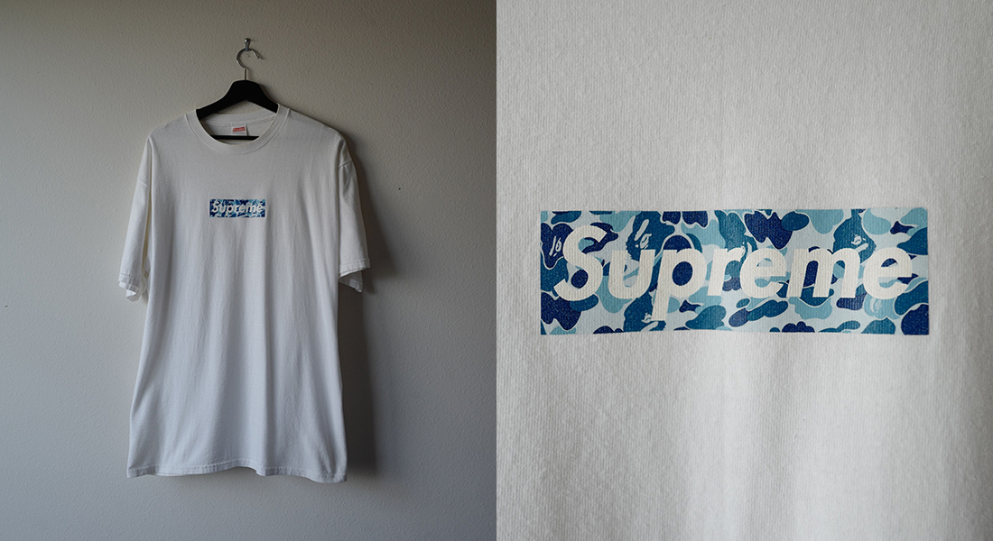 A BATHING APE x Supreme 1998 Bape Blue Camo Box Logo Tee