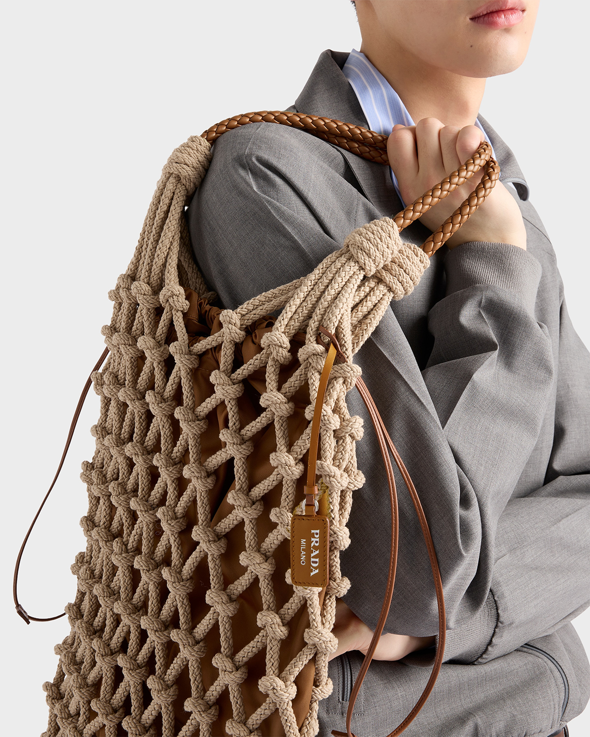 PRADA Cotton Code Macrame Tote Bag 2025 Spring Summer