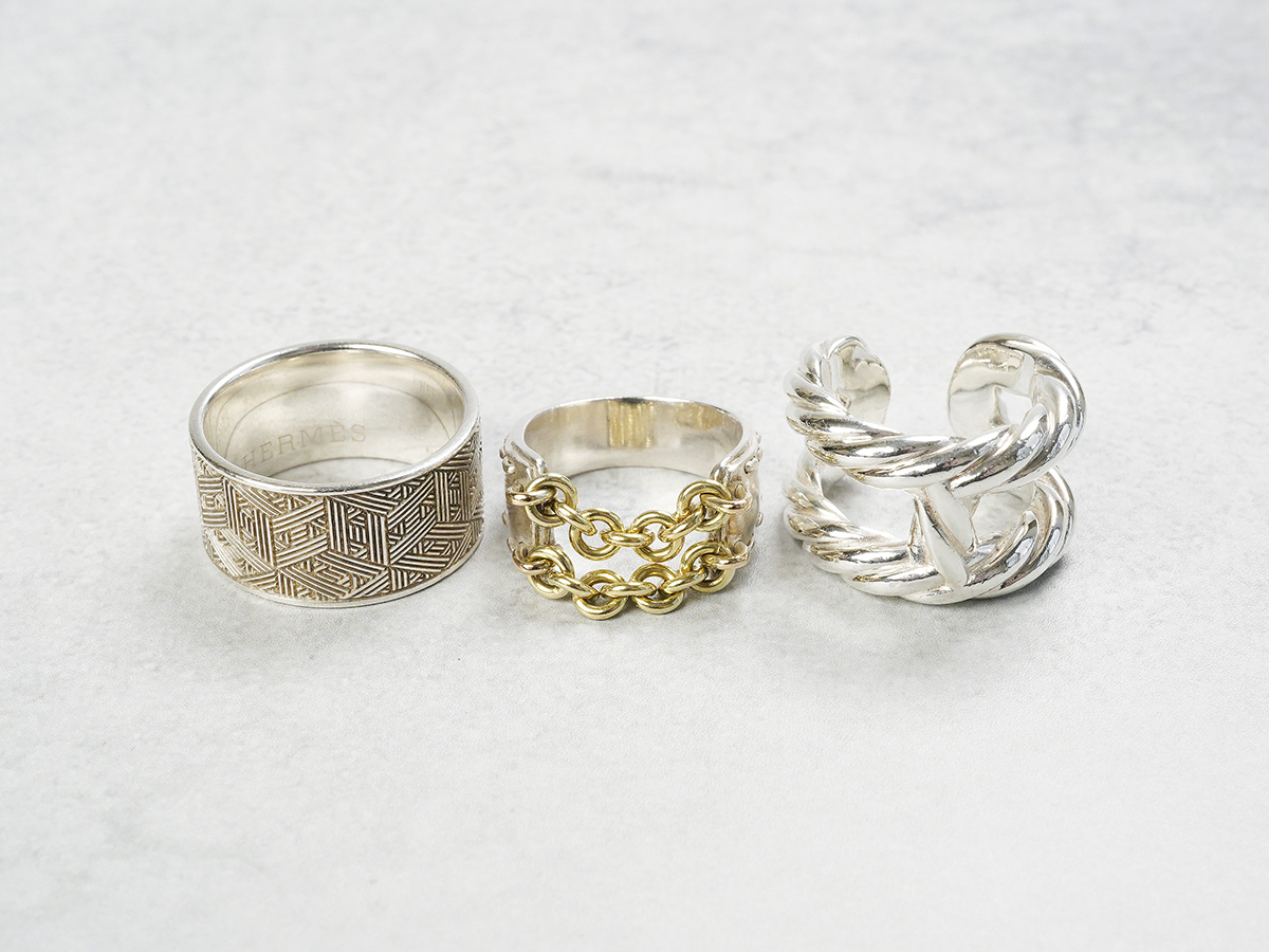 HERMÈS Chain Combination Ring Silver & 18k Yellow Gold, Parade Ring Silver, Saw Ash Ring Silver