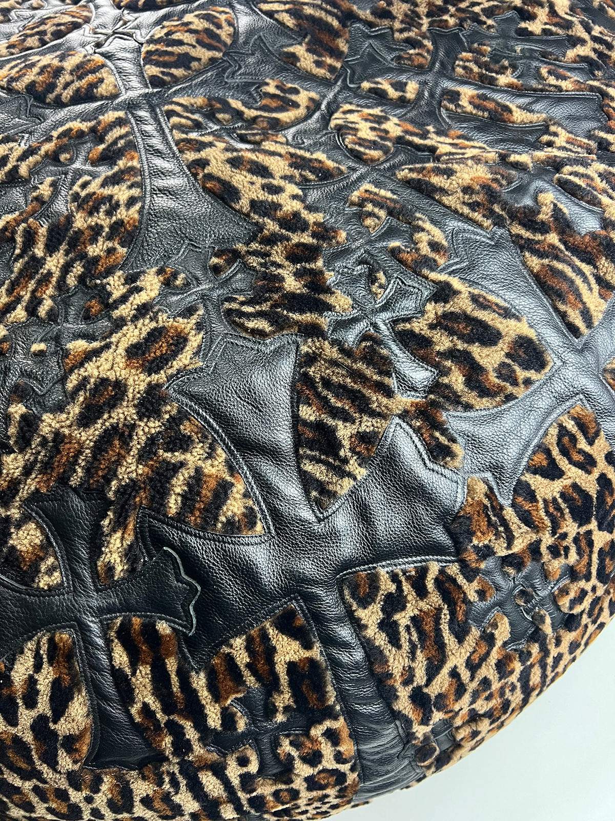 CHROME HEARTS Leopard Cheetah Black Leather Cross Patched Bean Bag
