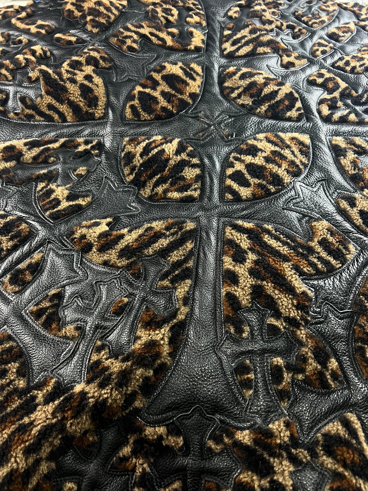 CHROME HEARTS Leopard Cheetah Black Leather Cross Patched Bean Bag