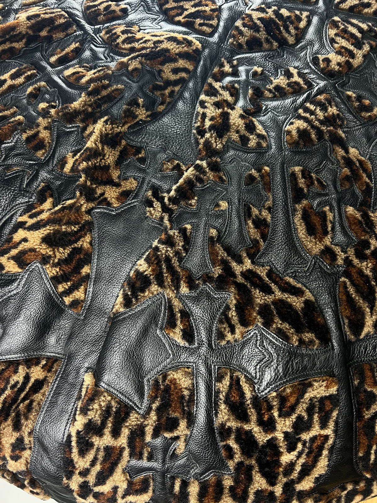 CHROME HEARTS Leopard Cheetah Black Leather Cross Patched Bean Bag