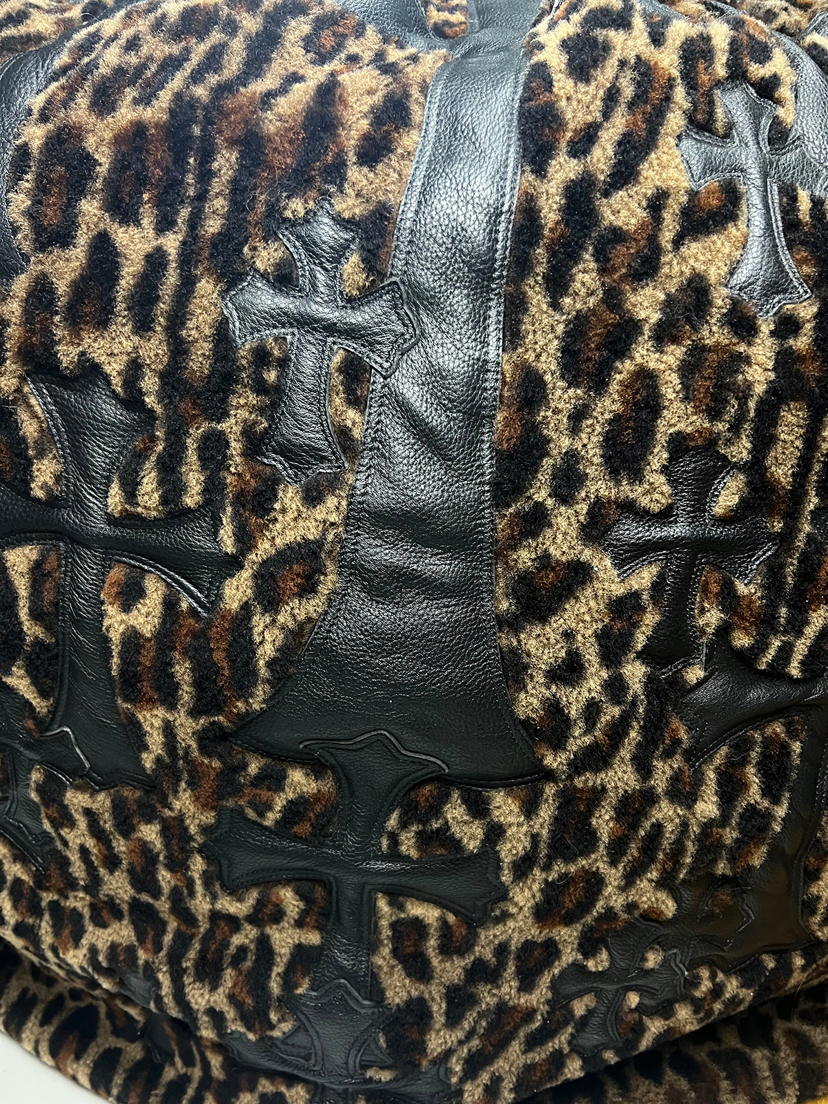 CHROME HEARTS Leopard Cheetah Black Leather Cross Patched Bean Bag