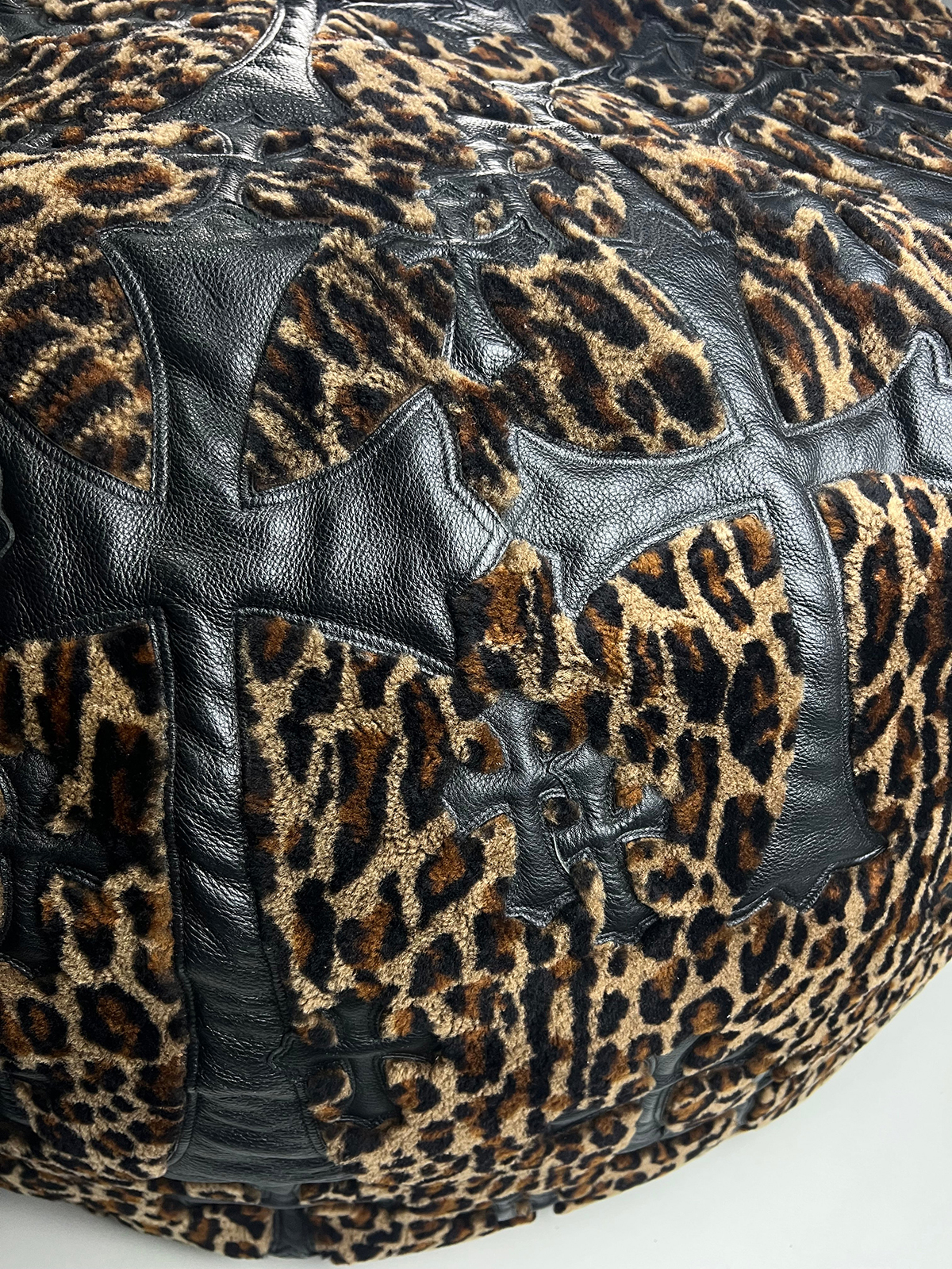 CHROME HEARTS Leopard Cheetah Black Leather Cross Patched Bean Bag