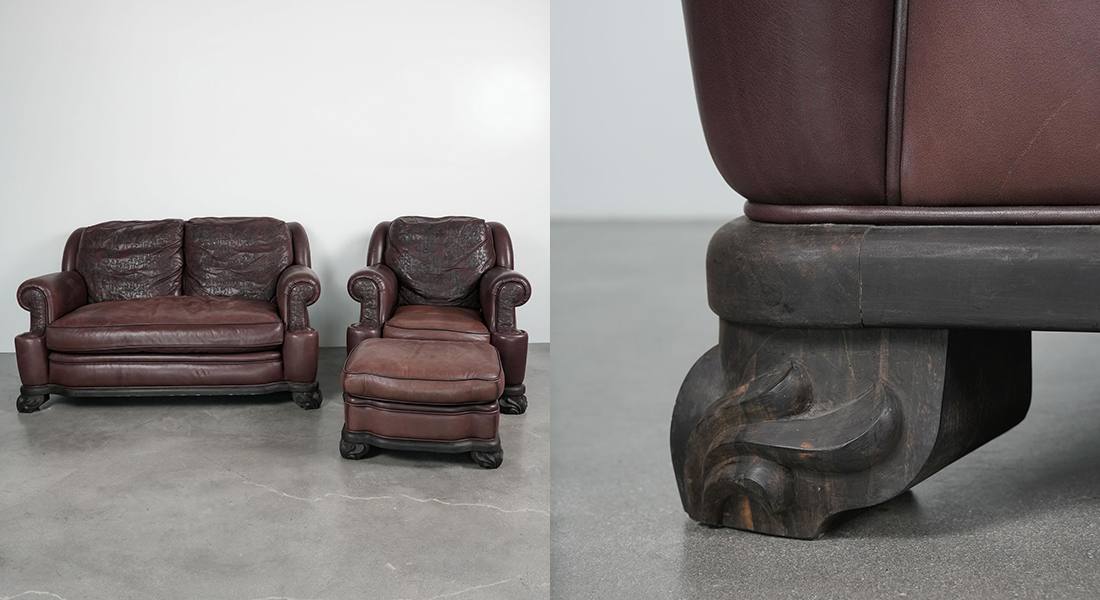CHROME HEARTS Brown Leather & Ebony Wood Cross Patch Sofa Brown Leather Cross Patch Lounge Chair & Ottoman Set