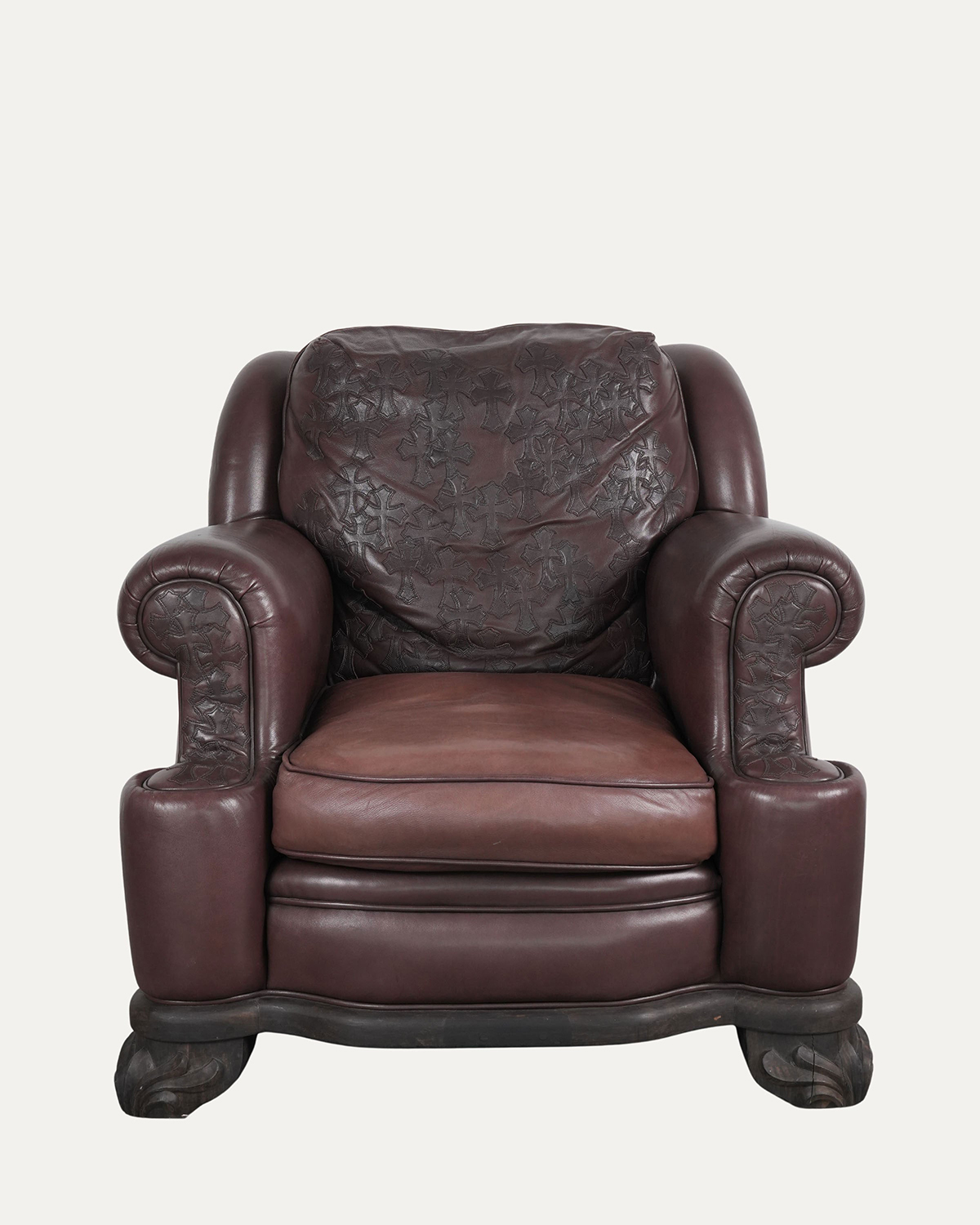 CHROME HEARTS Brown Leather & Ebony Wood Cross Patch Sofa Brown Leather Cross Patch Lounge Chair & Ottoman Set