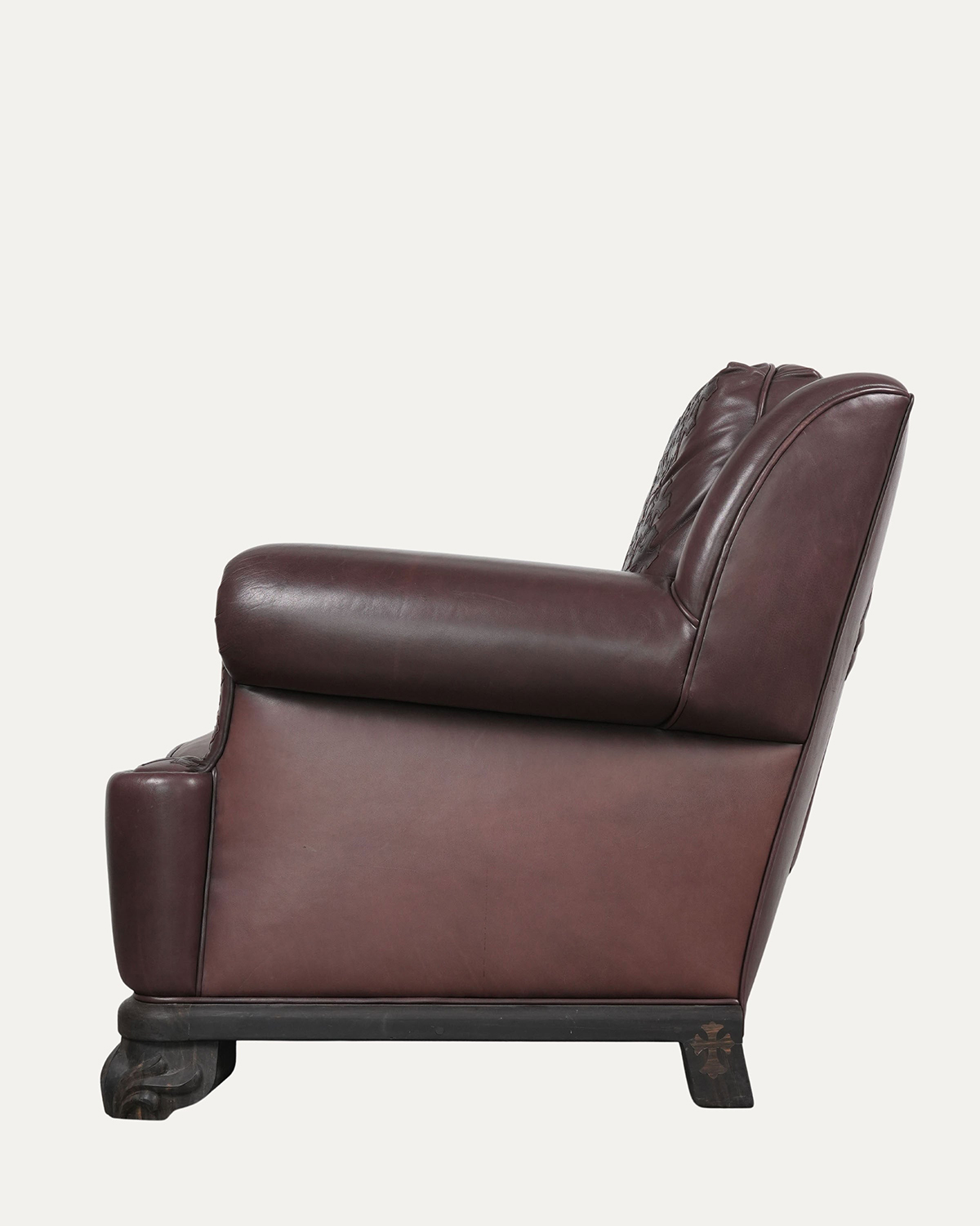 CHROME HEARTS Brown Leather & Ebony Wood Cross Patch Sofa Brown Leather Cross Patch Lounge Chair & Ottoman Set