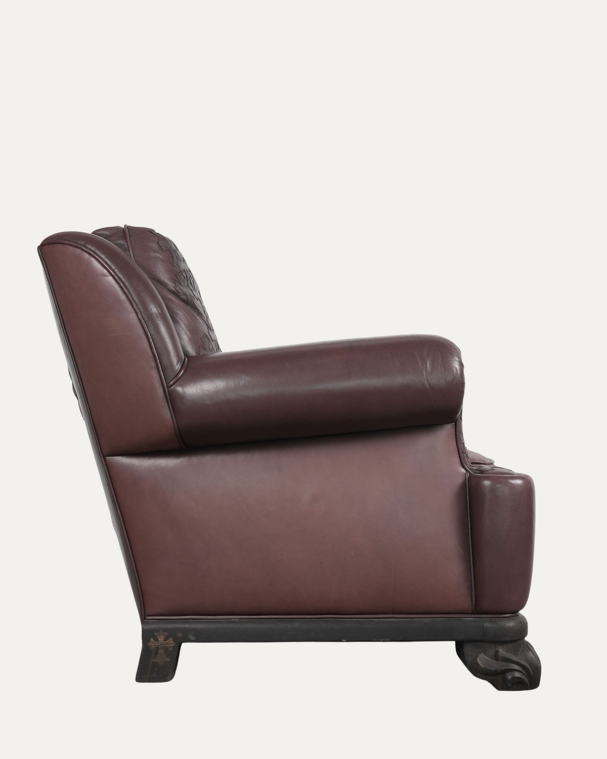 CHROME HEARTS Brown Leather & Ebony Wood Cross Patch Sofa Brown Leather Cross Patch Lounge Chair & Ottoman Set