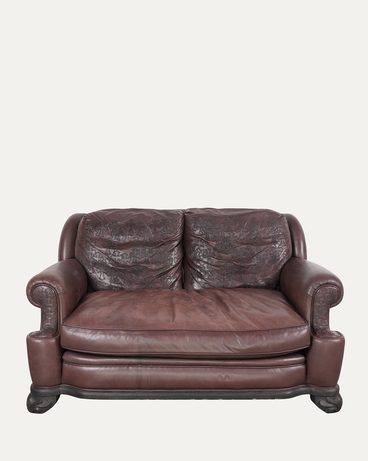 CHROME HEARTS Brown Leather & Ebony Wood Cross Patch Sofa Brown Leather Cross Patch Lounge Chair & Ottoman Set