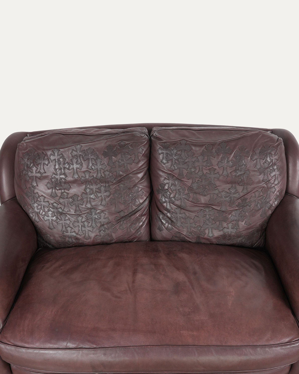 CHROME HEARTS Brown Leather & Ebony Wood Cross Patch Sofa Brown Leather Cross Patch Lounge Chair & Ottoman Set