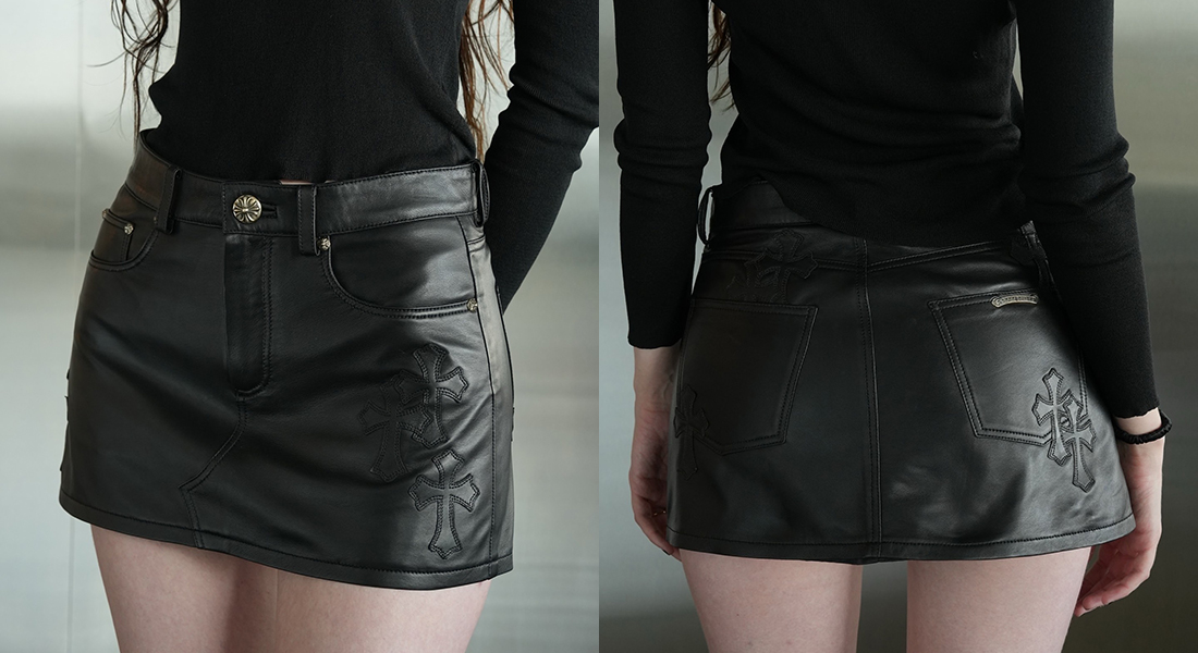 CHROME HEARTS Black Leather Cross Patches Mini Skirt