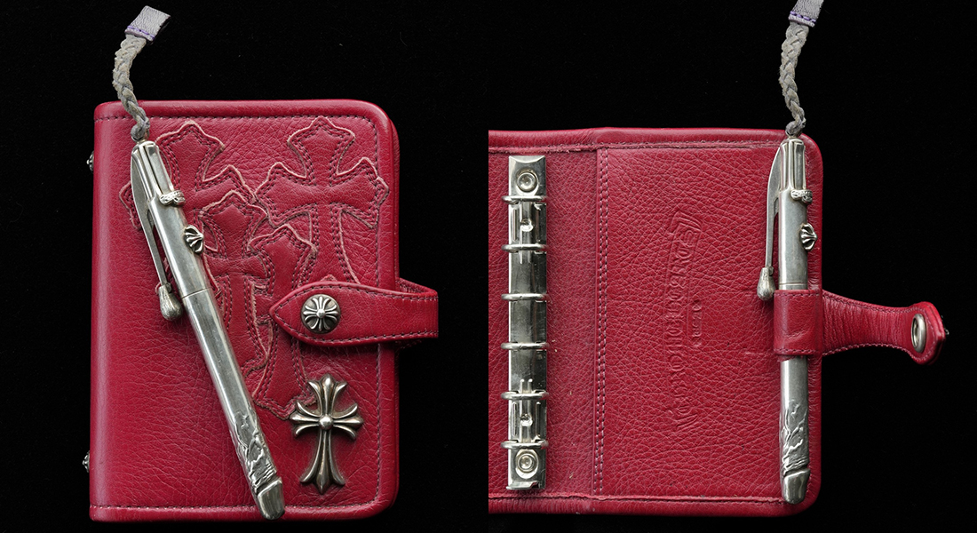 CHROME HEARTS Cross Patch Red Leather Planner and Pennis Pen