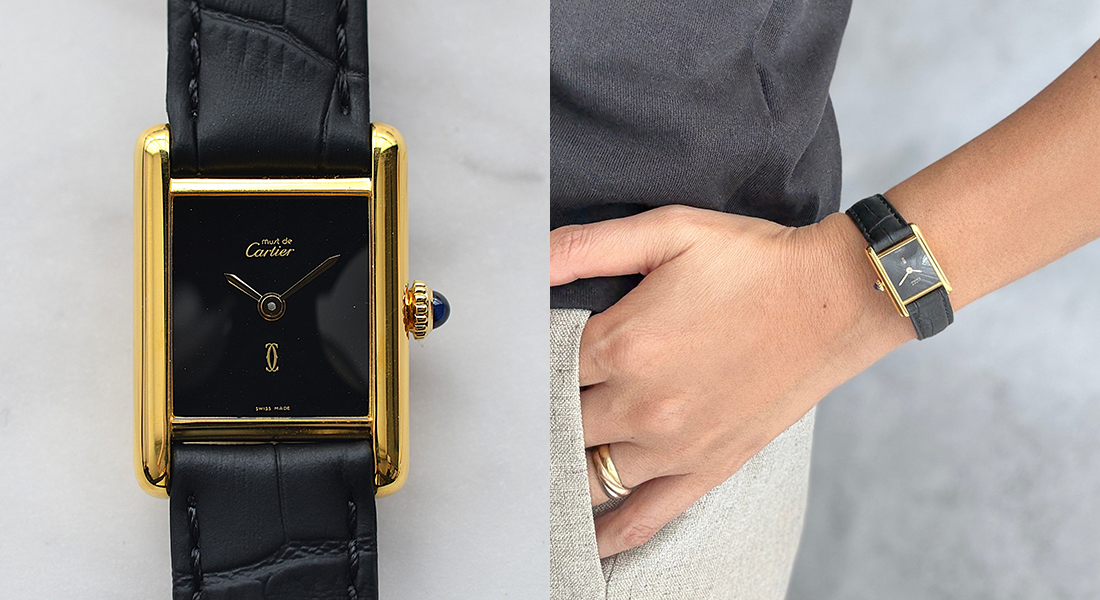 1980's Cartier Must Tank SM Onyx with International Eternal Permanent Guarantee Card