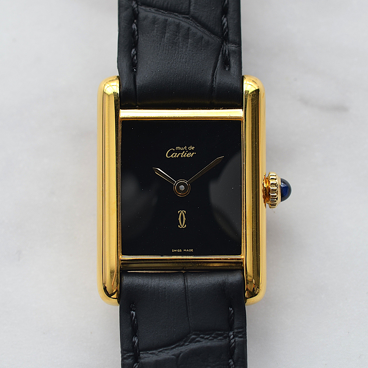 1980's Cartier Must Tank SM Onyx with International Eternal Permanent Guarantee Card
