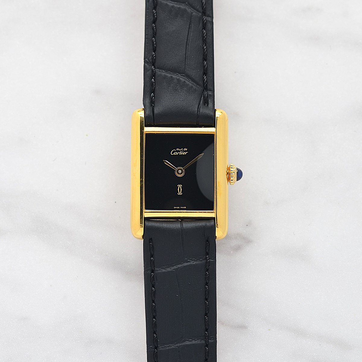 1980's Cartier Must Tank SM Onyx with International Eternal Permanent Guarantee Card