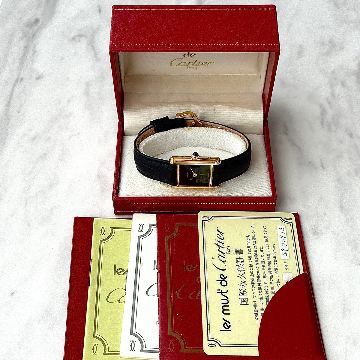 1980's Cartier Must Tank SM Onyx with International Eternal Permanent Guarantee Card