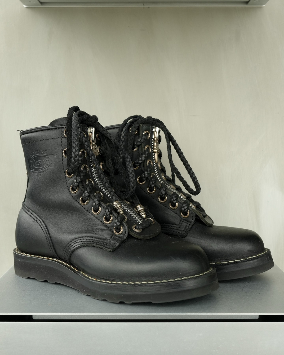CHROME HEARTS x WESCO Silver Embellished Fireman Front-zip Boots
