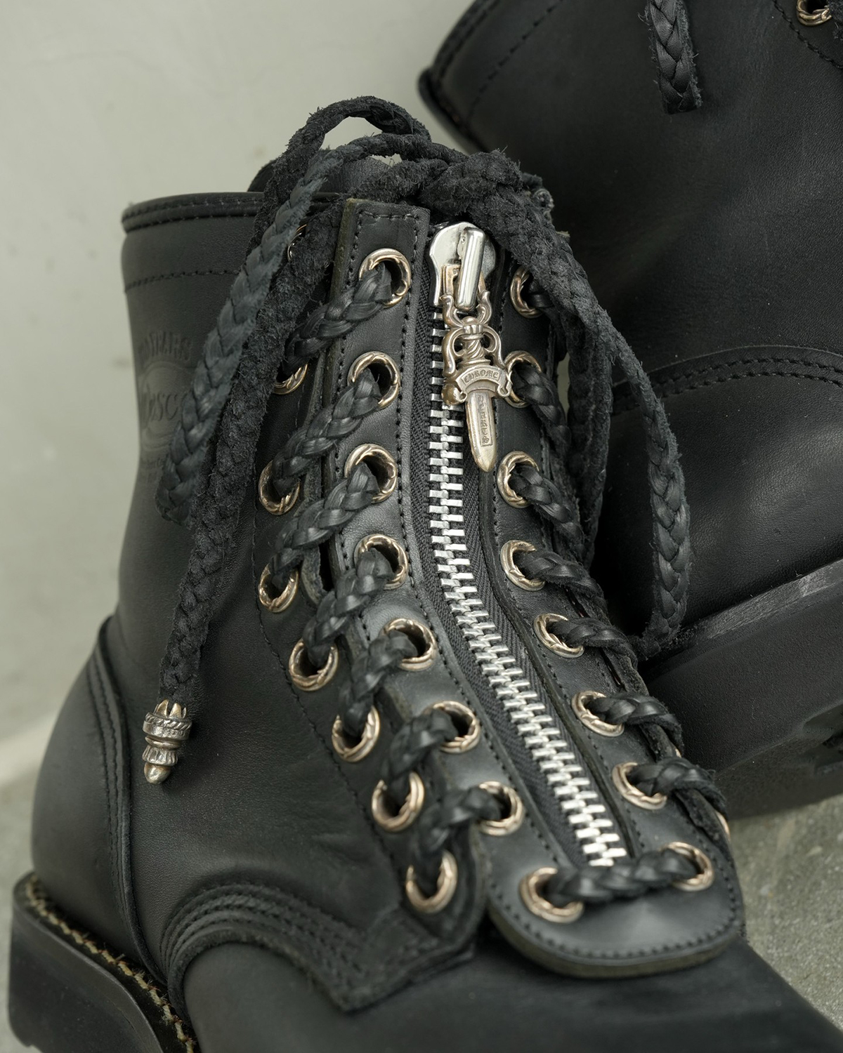 CHROME HEARTS x WESCO Silver Embellished Fireman Front-zip Boots