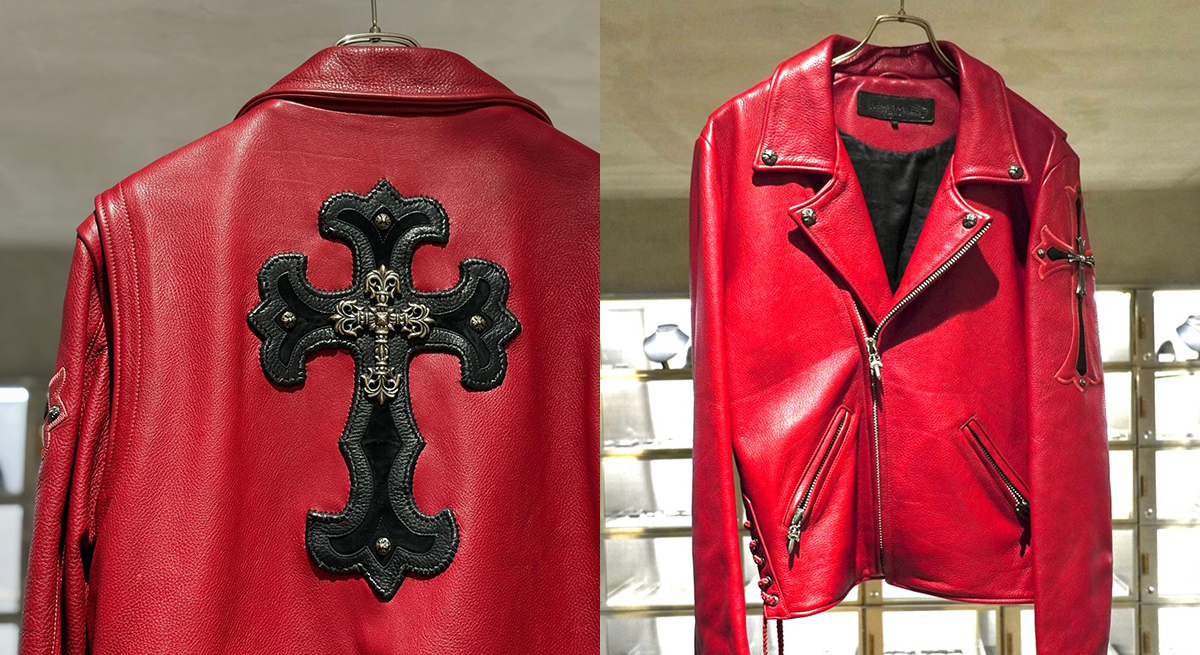 CHROME HEARTS Filigree Cross & CH Cross Red Leather Rider's Jacket Special Order
