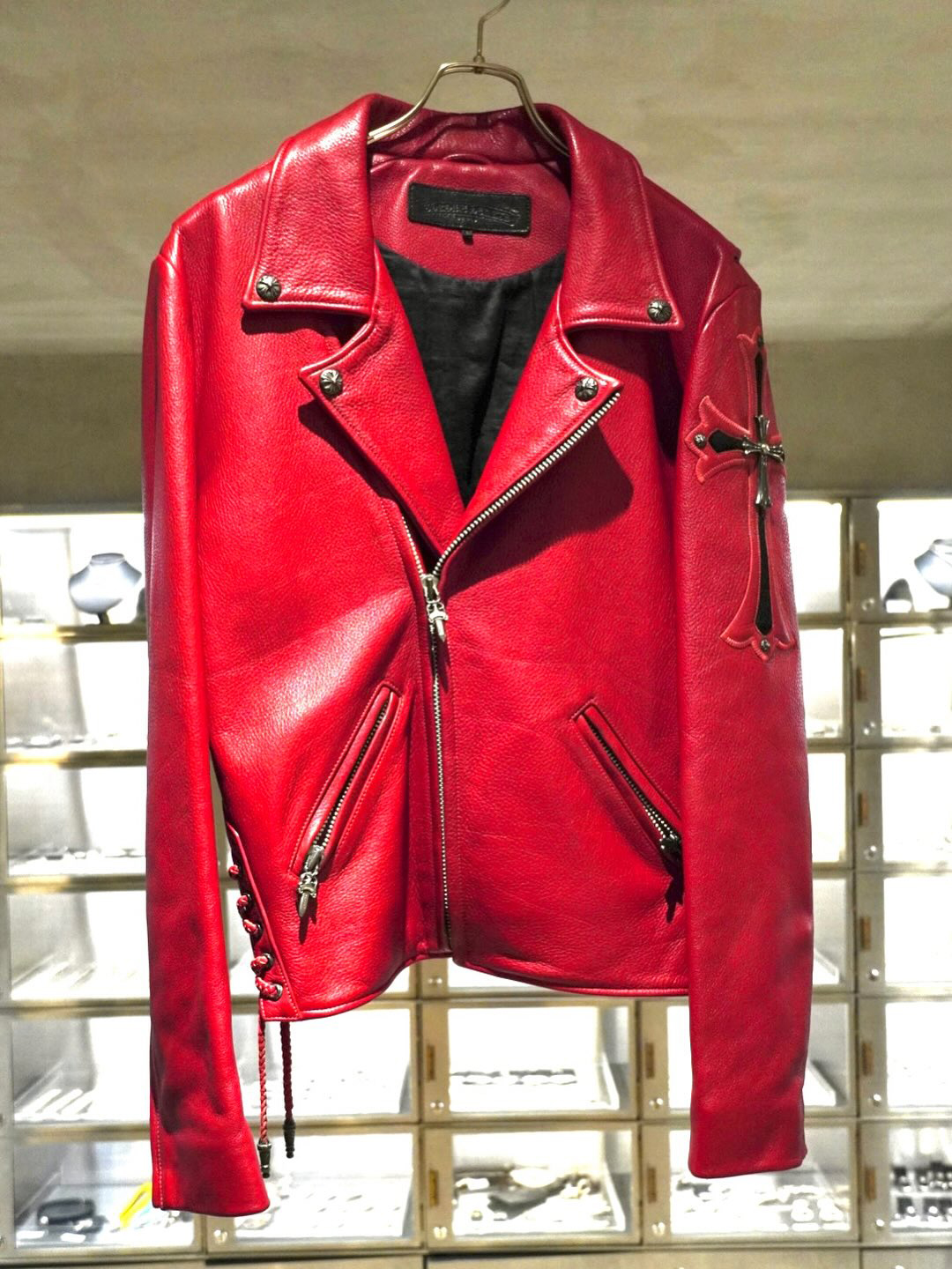 CHROME HEARTS Filigree Cross & CH Cross Red Leather Rider's Jacket Special Order