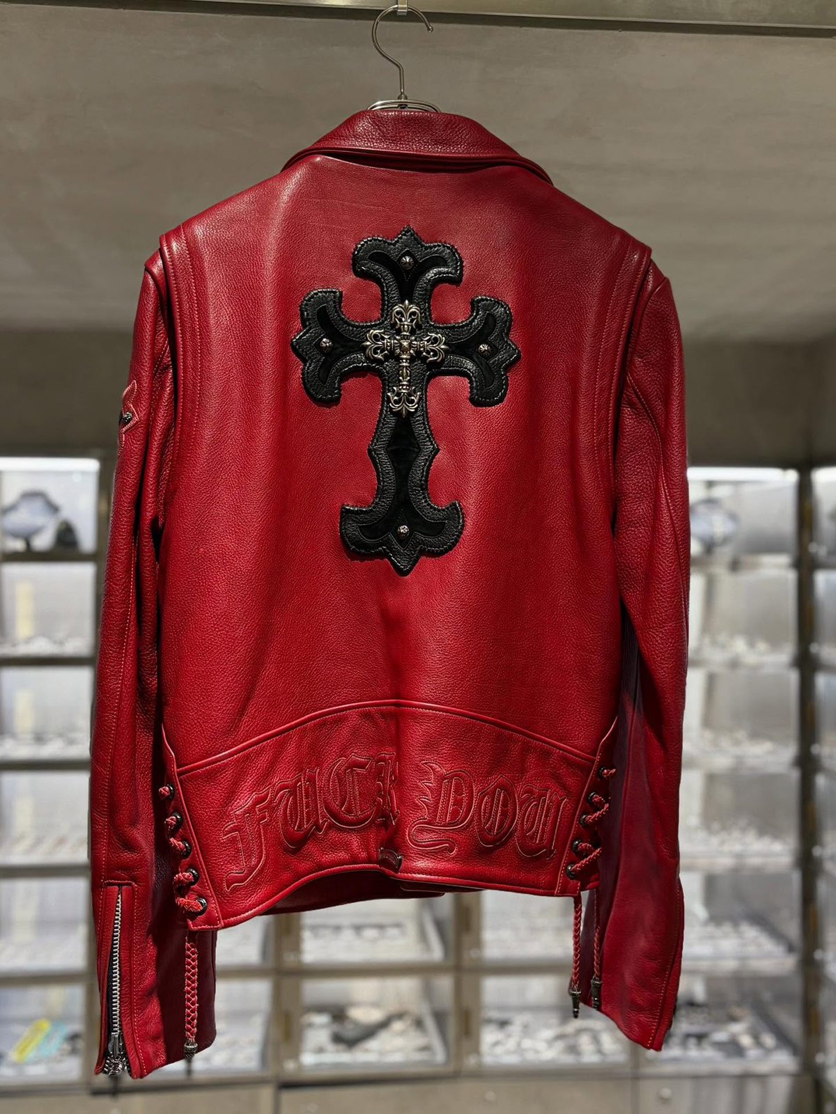 CHROME HEARTS Filigree Cross & CH Cross Red Leather Rider's Jacket Special Order