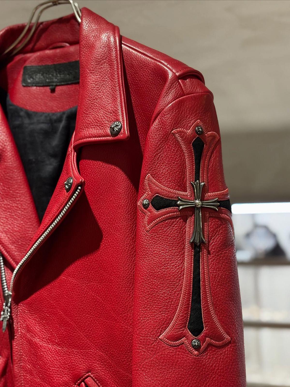 CHROME HEARTS Filigree Cross & CH Cross Red Leather Rider's Jacket Special Order