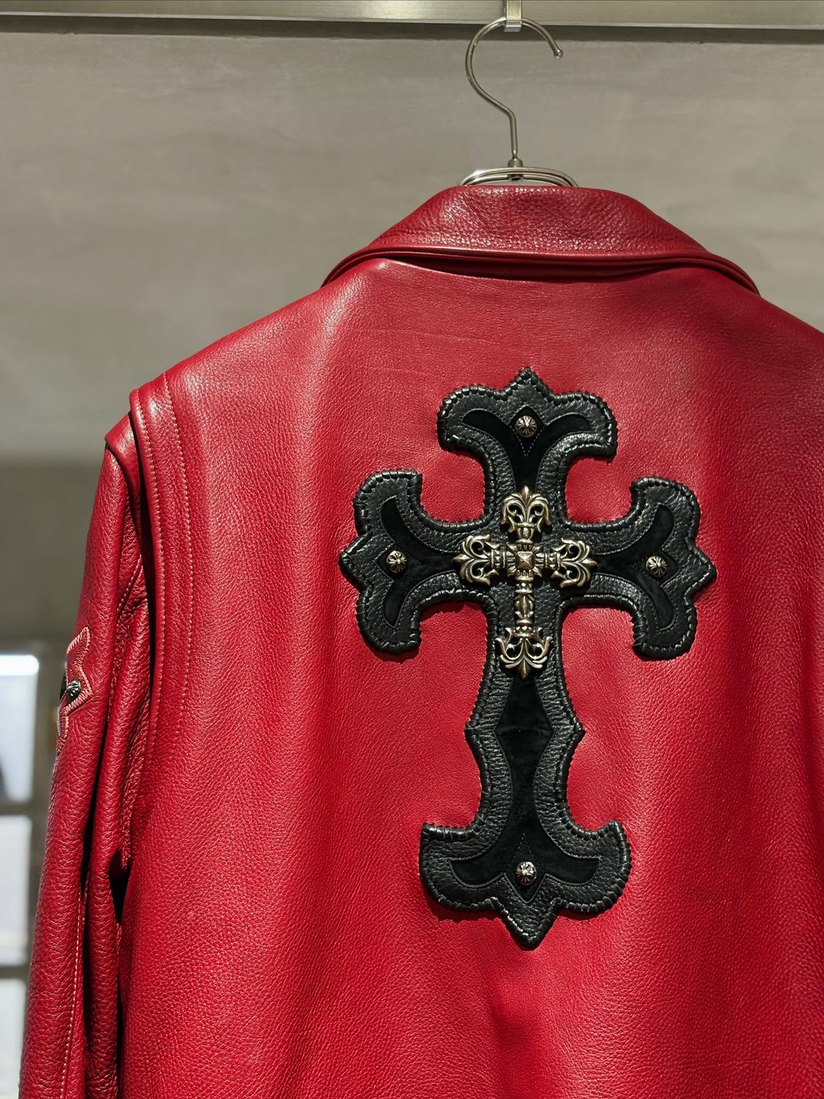 CHROME HEARTS Filigree Cross & CH Cross Red Leather Rider's Jacket Special Order
