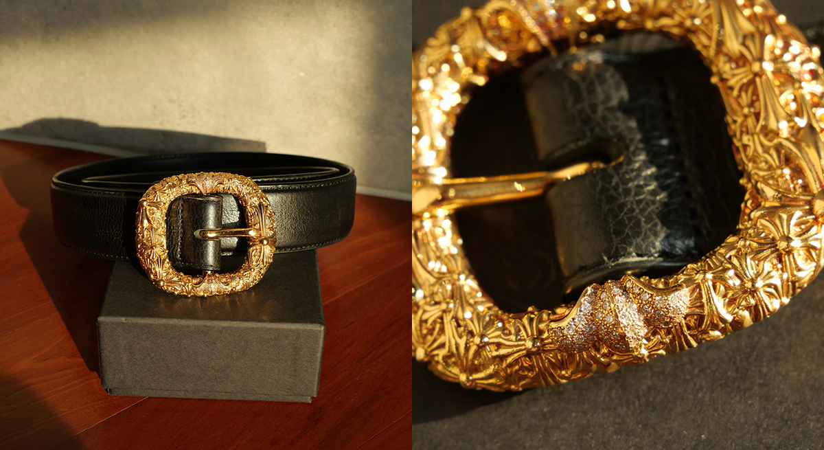 CHROME HEARTS Cemetery Gunslinger Buckle Belt 22k Yellow Gold Black Leather