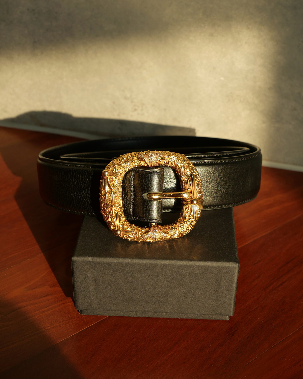 CHROME HEARTS Cemetery Gunslinger Buckle Belt 22k Yellow Gold Black Leather