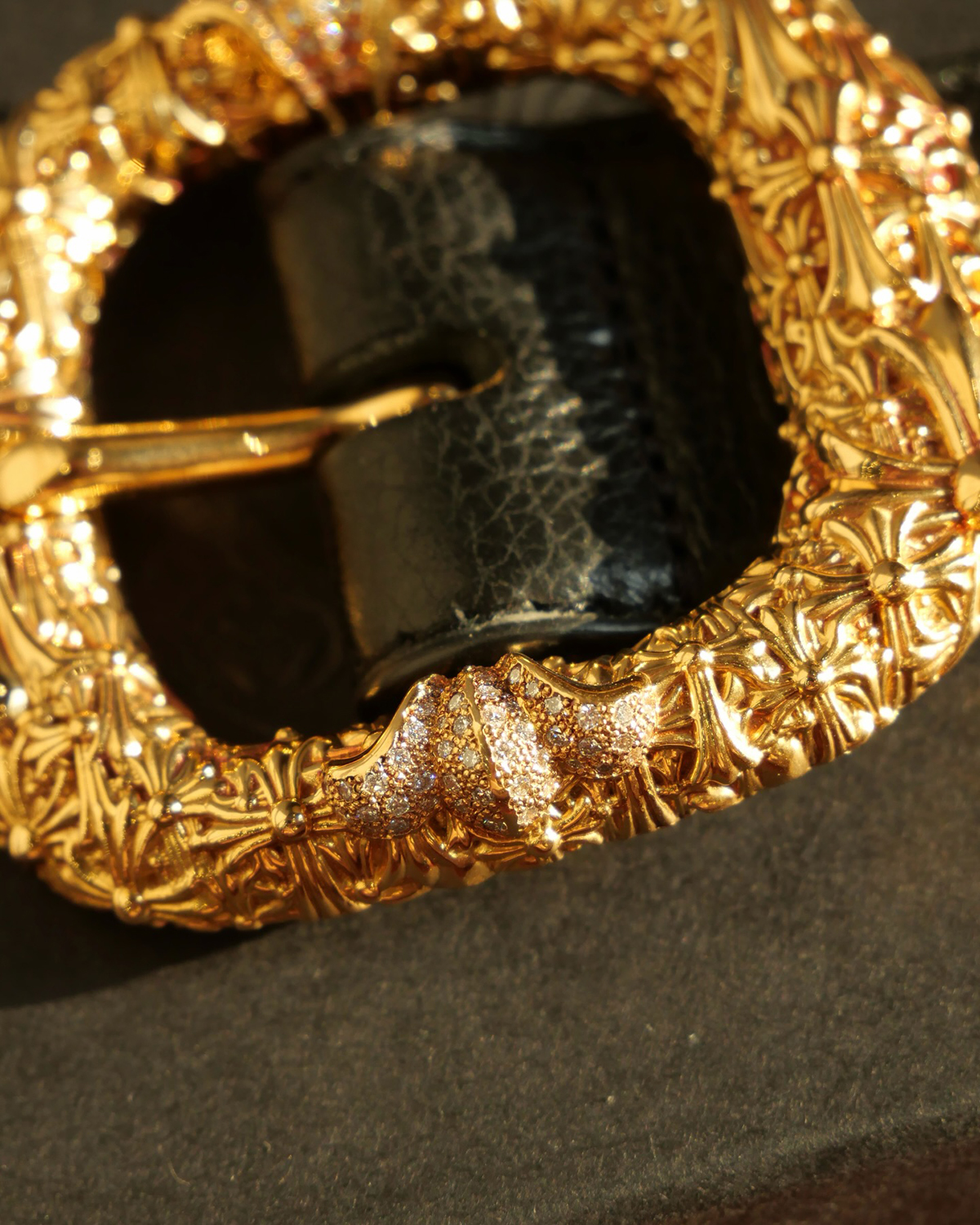 CHROME HEARTS Cemetery Gunslinger Buckle Belt 22k Yellow Gold Black Leather