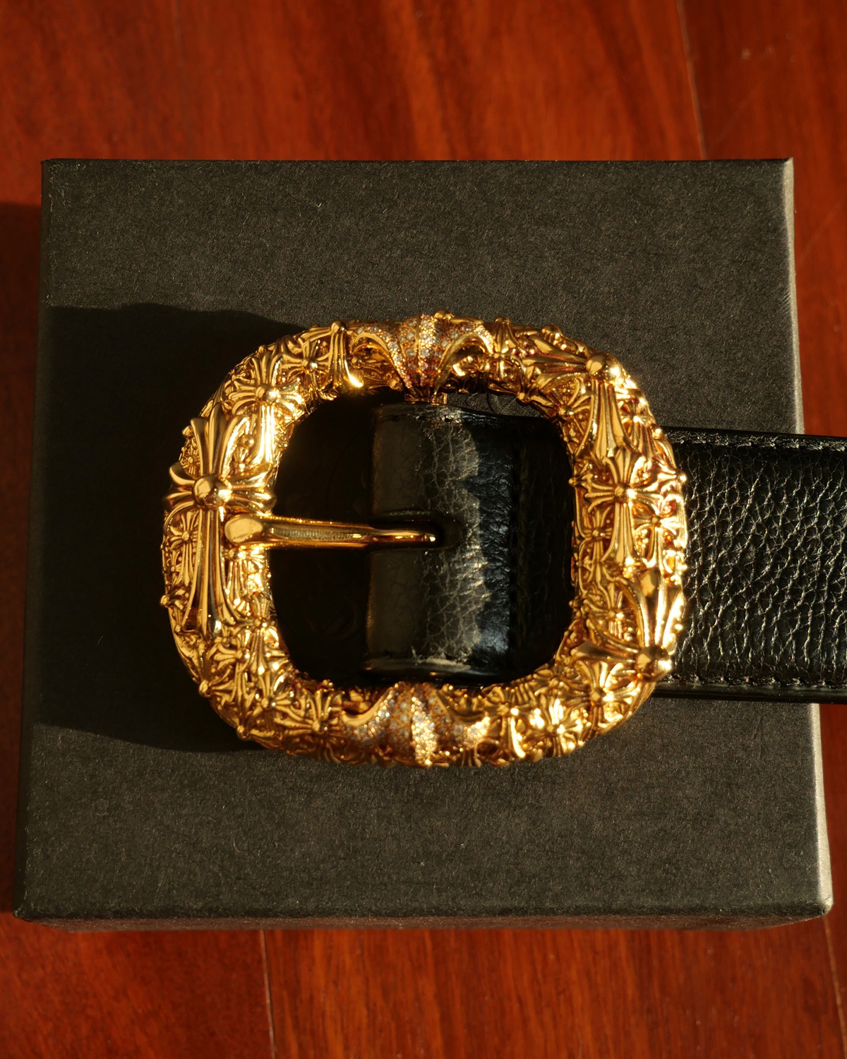 CHROME HEARTS Cemetery Gunslinger Buckle Belt 22k Yellow Gold Black Leather
