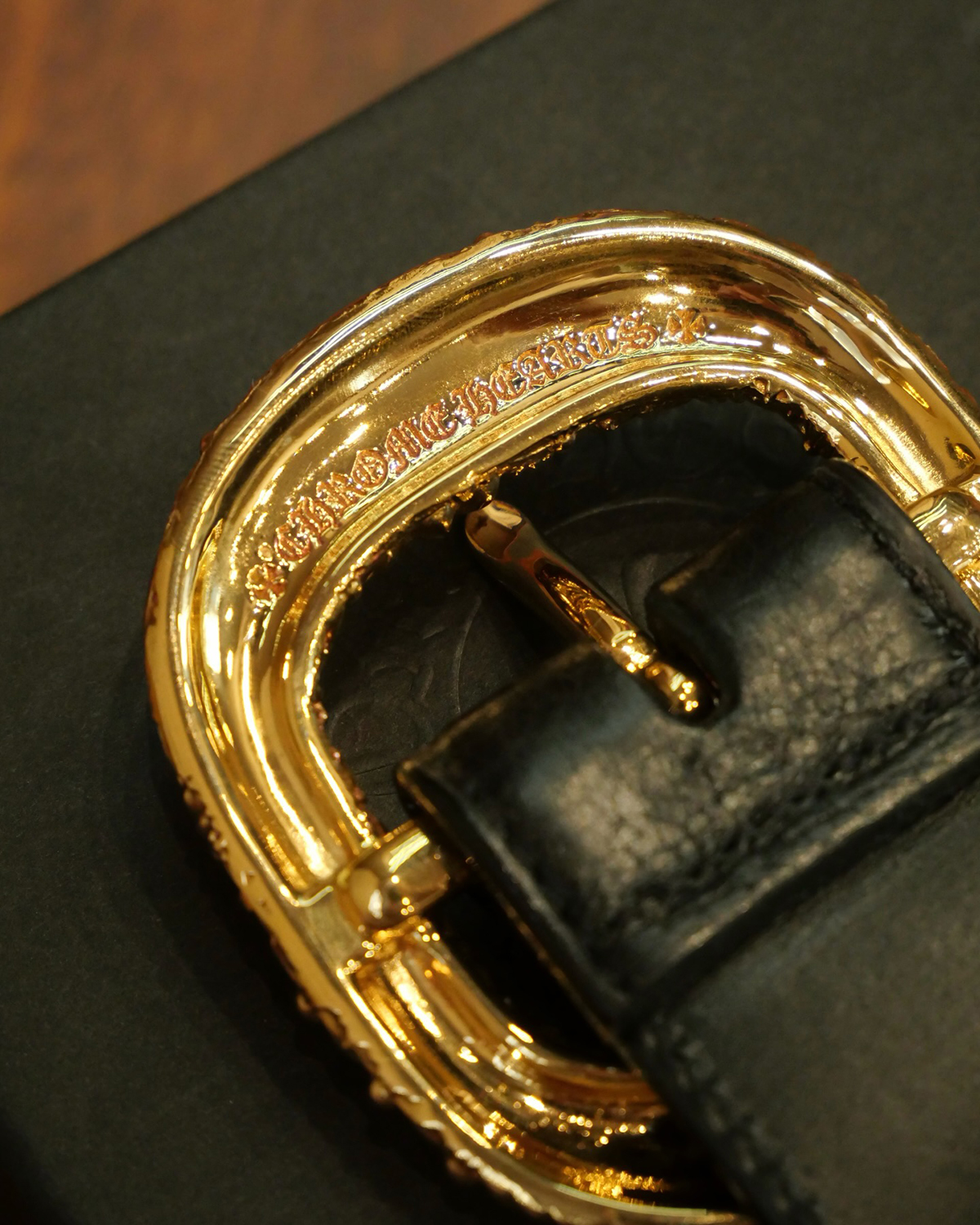 CHROME HEARTS Cemetery Gunslinger Buckle Belt 22k Yellow Gold Black Leather