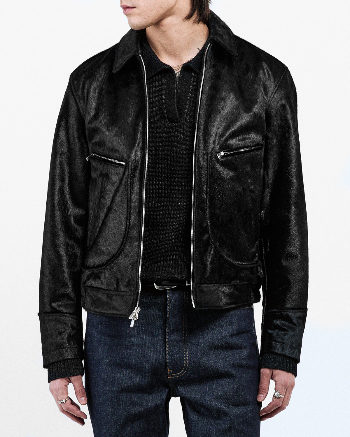 NO MAINTENANCE Aero Cow Fur Leather Jacket Black