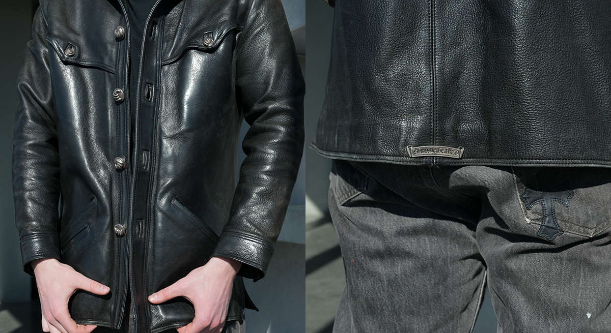 CHROME HEARTS Black Leather Claw Button Car Coat