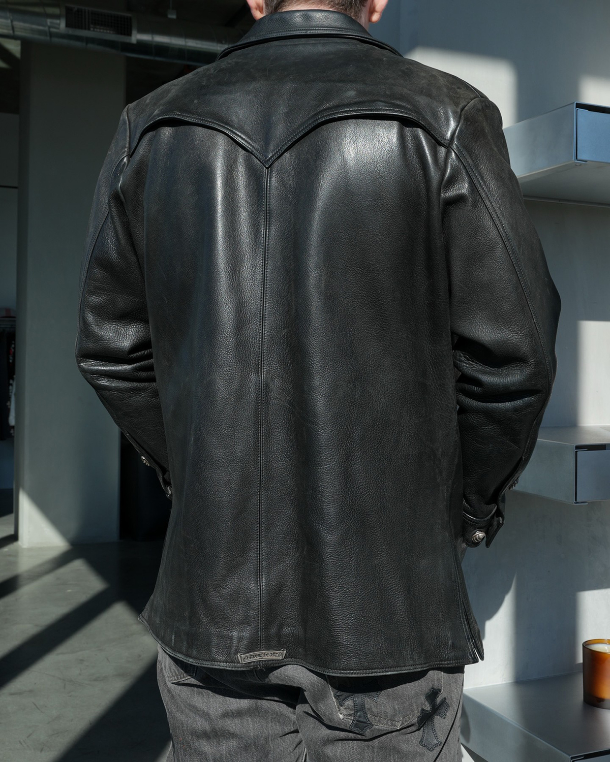 CHROME HEARTS Black Leather Claw Button Car Coat