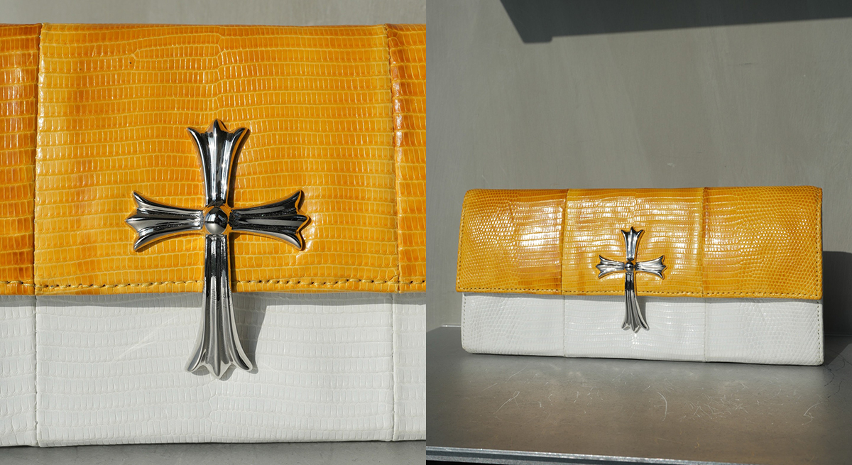 CHROME HEARTS Lizard Leather Clutch with Large Cross and Scroll Embellishments
