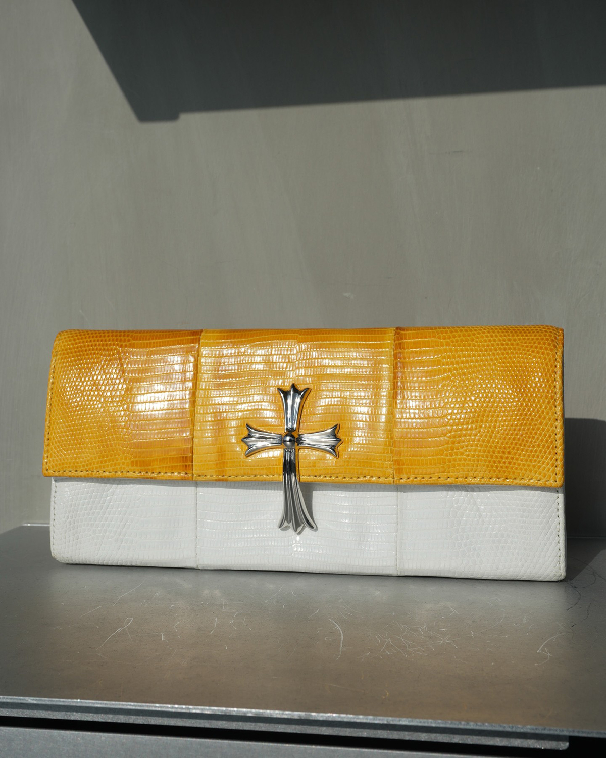 CHROME HEARTS Lizard Leather Clutch with Large Cross and Scroll Embellishments