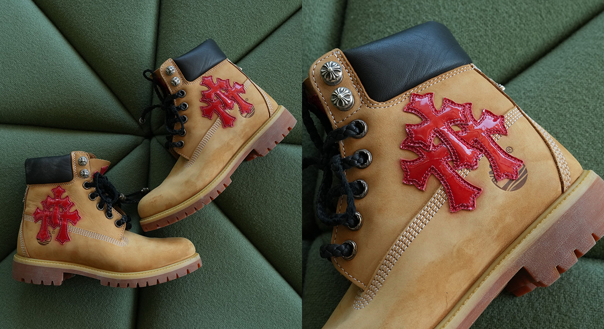 CHROME HEARTS x Timberland Red Patent Cross Patch 6 Inch Boots Beige