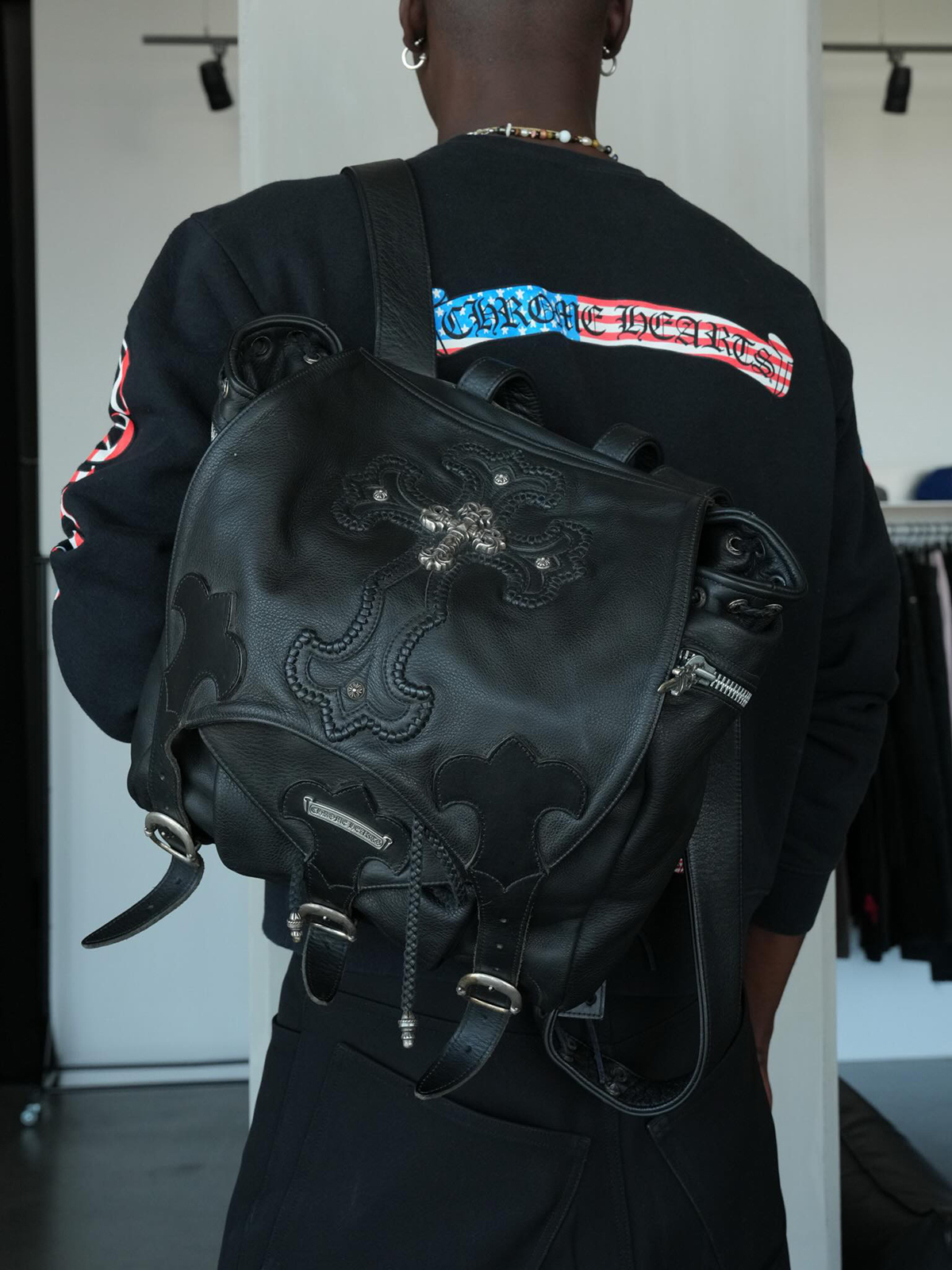 CHROME HEARTS Gunslinger Leather Backpack with Large Silver Filigree Cross Embellishment