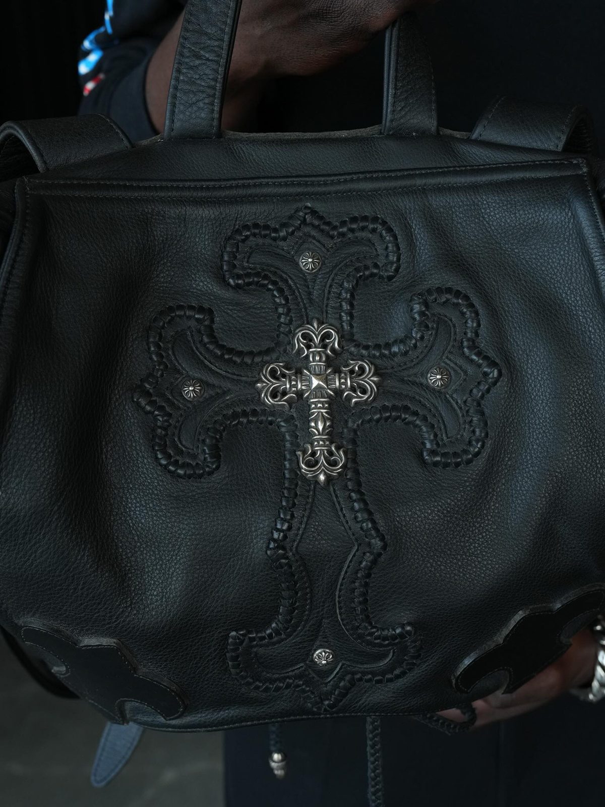 CHROME HEARTS Gunslinger Leather Backpack with Large Silver Filigree Cross Embellishment
